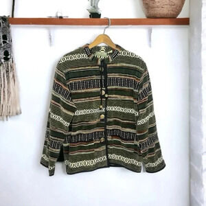 90s Vintage Think Positive Boho Hippie Artsy Weaved Southwestern Blanket Jacket